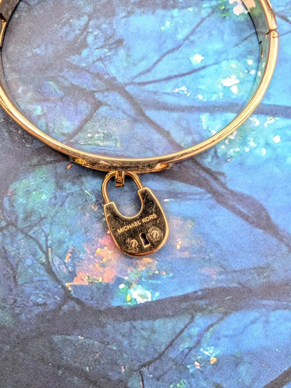 Michael Kors designer vintage Lock Charm rhinestone gold cuff bangle bracelet